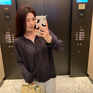 夏季 32支竹节麻防晒衫 NAZ那子大码 胖mm连帽V领薄款 慵懒针织开衫