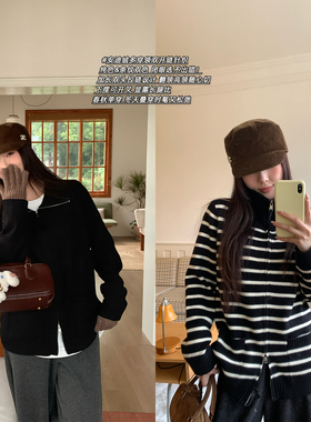 NAZ那子大码冬装POLO领双头拉链针织衫胖mm设计感条纹休闲上衣