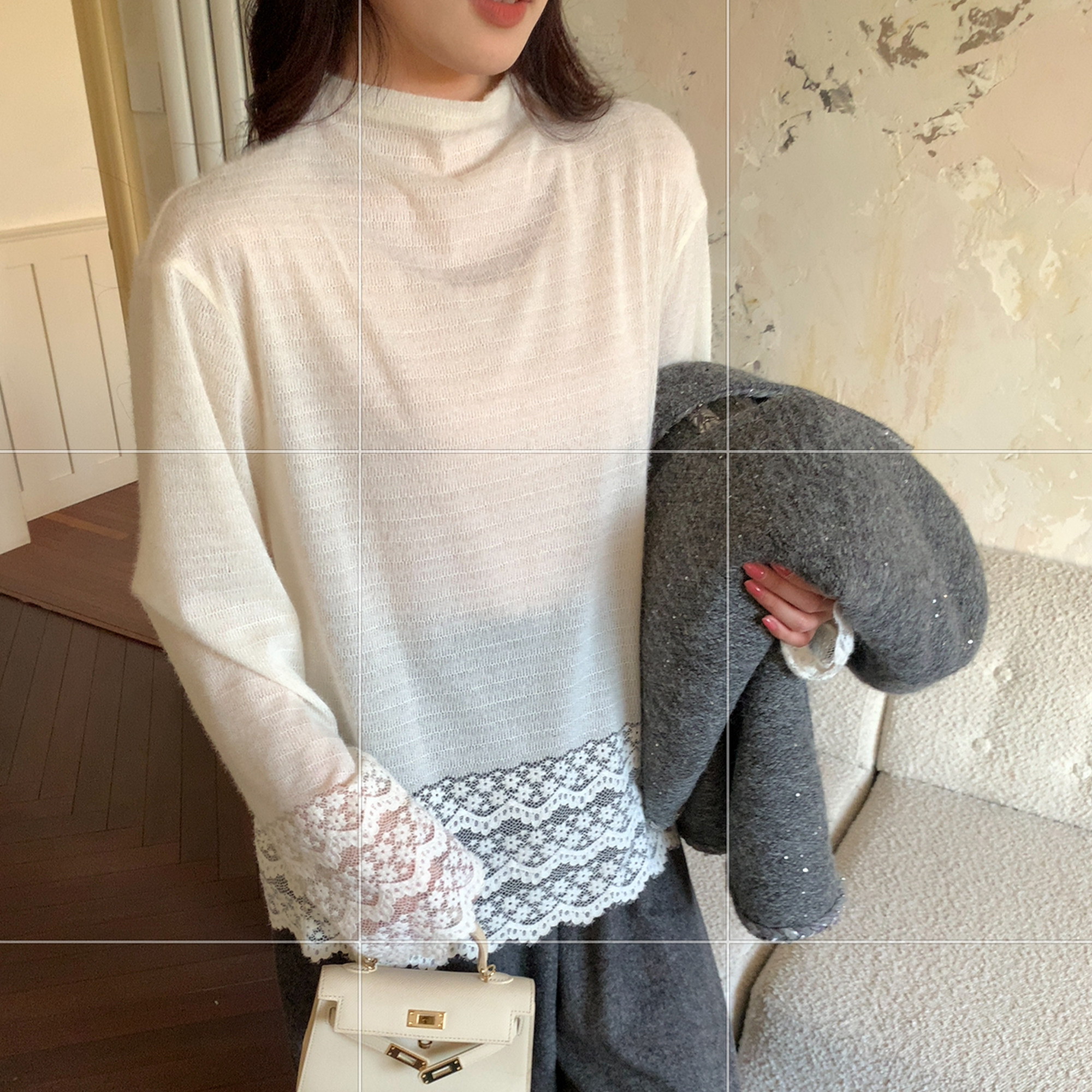 NAZ那子大码冬装绒感蕾丝花边设计感打底衫胖mm白色宽松气质上衣