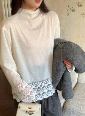 NAZ那子大码冬装绒感蕾丝花边设计感打底衫胖mm白色宽松气质上衣