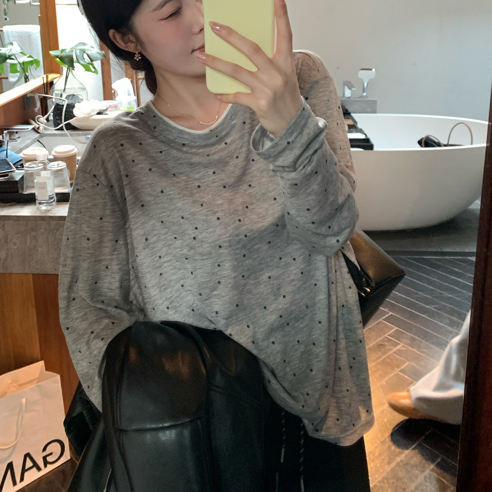 NAZ那子大码秋季天丝羊毛波点假两件T恤胖mm时尚气质休闲显瘦上衣