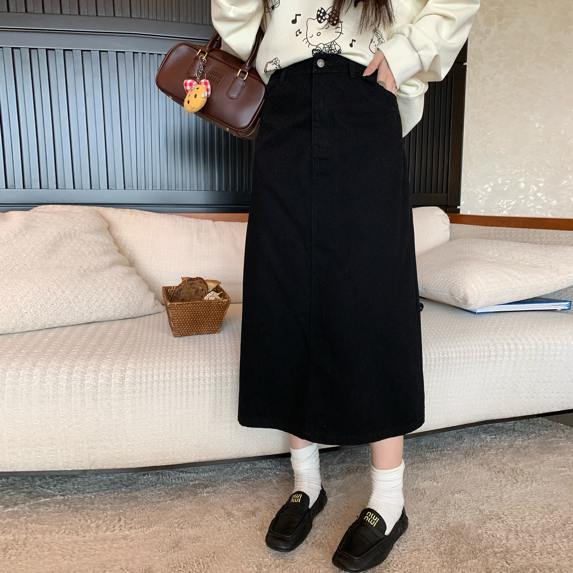 NAZ那子大码秋季全棉斜纹水韩系复古弹力牛仔半裙胖mm宽松高腰裙