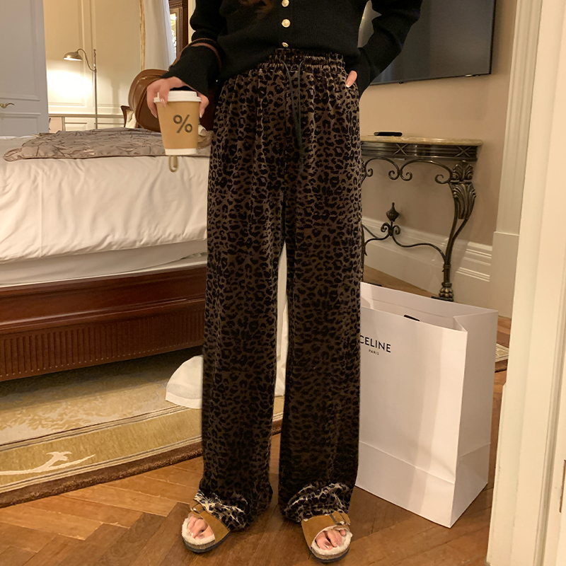 豹纹直筒裤子直筒拖地阔腿裤