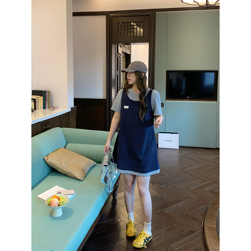 NAZ那子大码 氧气棉亲肤舒适撞色拼接胖mm夏季短袖假两件连衣裙女
