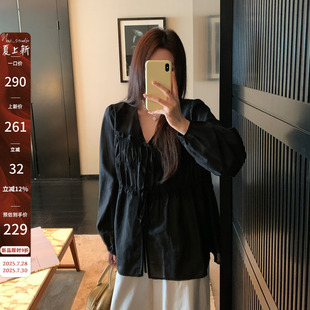 气质V领衬衫 NAZ那子大码 胖mm设计感黑色长袖 秋季 天丝抽褶系带小衫
