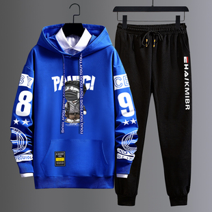 潮流帅气宽松休闲两件套 新款 青少年连帽加绒加厚卫衣套装 男秋冬季