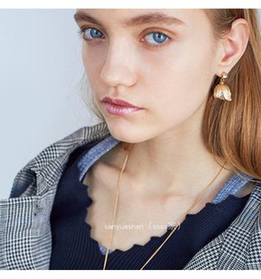 日系韩东大门杂志款气质复古雕刻郁金香珍珠花朵吊坠耳夹耳钉耳环