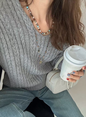 日韩ins风串珠项链小众设计度假风天然石项链黄铜小狗项链s59173