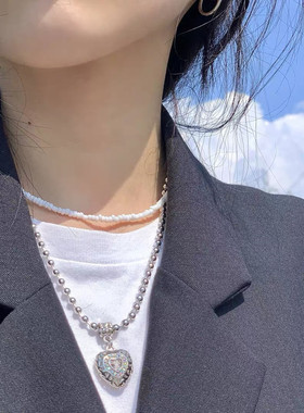 韩国ins博主同款天使果冻爱心镂空镶钻桃心项链 钛钢时髦锁骨链