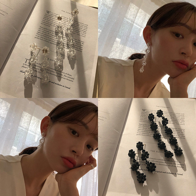 韩国东大门耳饰透明水晶花朵流苏手工耳环长款显脸瘦耳钉超仙耳饰