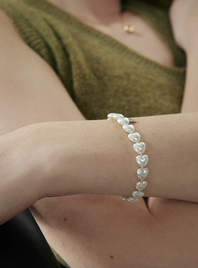 韩国代购ins小众人气品牌verte925银心形人造珍珠手链 桃心手链