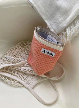 韩国Aeiou小众设计师品牌橘色条绒化妆品姨妈巾收纳灯芯绒化妆包