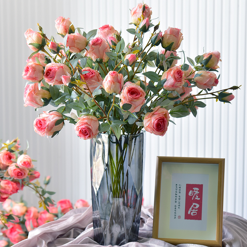 高端焦边玫瑰花假花仿真花摆设干花束客厅餐桌花装饰塑料绢花摆件