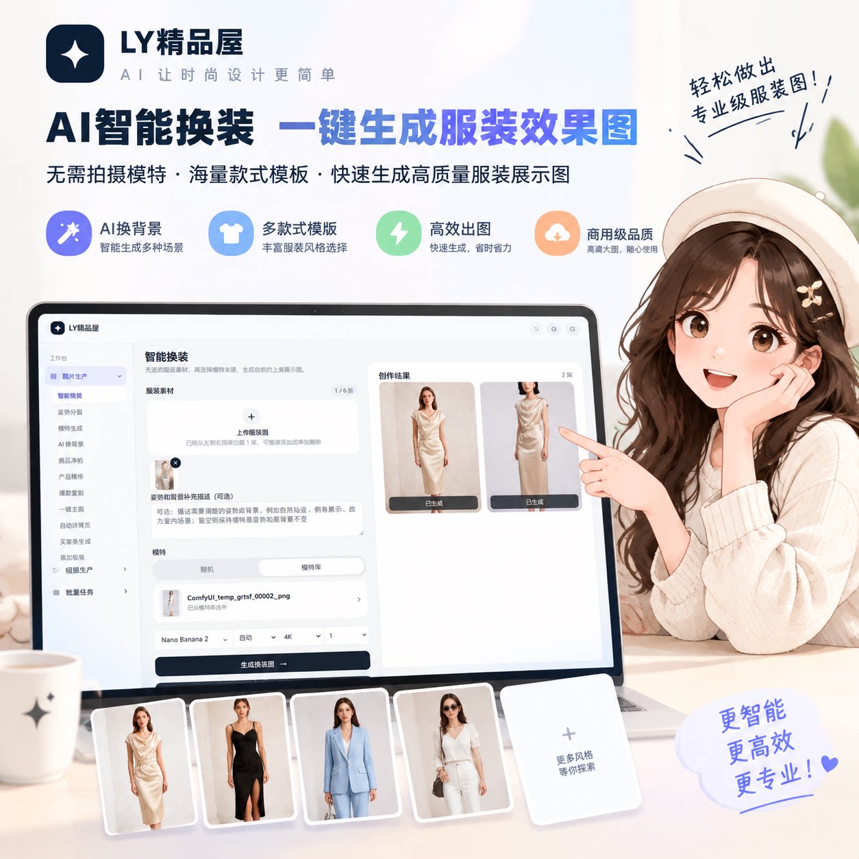 AI换装电商主图详情页姿势分裂换背景3D平铺提取精修爆款复刻