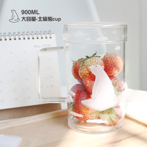 高硼硅北极熊杯子大容量玻璃杯带盖水杯可爱超萌耐热带把牛奶杯