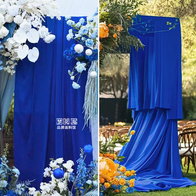 宝蓝色系婚庆吊顶弹力布幔纱幔中式婚礼堂舞台装饰平面牛奶丝面料