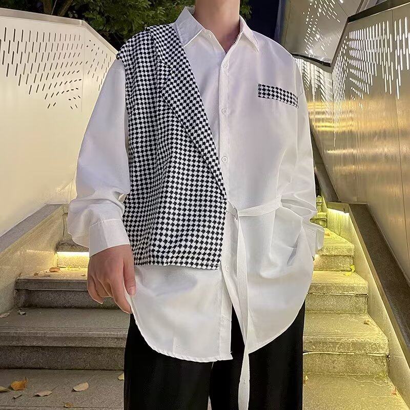 V1803-P40 千鸟格拼接假两件长袖衬衫男ins潮流个性百搭休闲衬衣图片