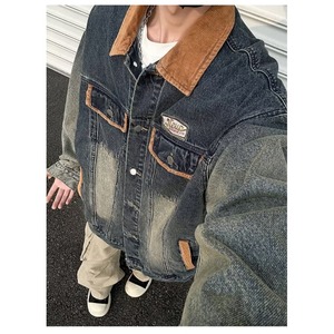 JX3573-P78 牛仔美式复古做旧水洗拼接青少年牛仔外套机车夹克潮图片