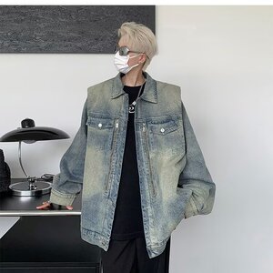 QN88672-P65 垫肩牛仔外套潮牌复古水洗拉链设计宽松休闲工装夹克图片