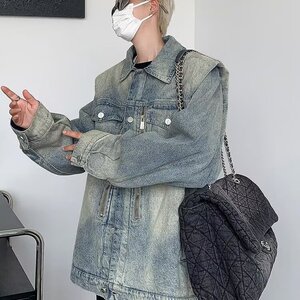 QN88672-P65 垫肩牛仔外套潮牌复古水洗拉链设计宽松休闲工装夹克图片