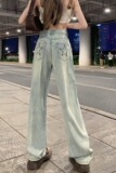 B2245-P68新款高腰牛仔裤设计感后袋印花直筒宽松阔腿拖地裤子，男装牛仔裤，星座1608