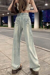 B2245-P68 新款高腰牛仔裤设计感后袋印花直筒宽松阔腿拖地裤子图片