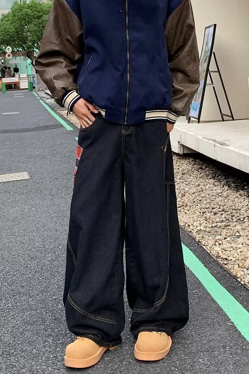 GJNZ7693-P53新款美式青少年弯刀牛仔裤宽松直筒阔腿裤,男装牛仔裤,星座1608