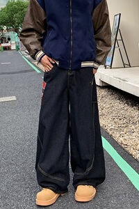 GJNZ7693-P53 新款美式青少年弯刀牛仔裤宽松直筒阔腿裤图片