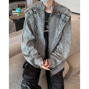 CLH1237-P75 美式做旧重工水洗牛仔外套潮流设计感街头机车夹克图片