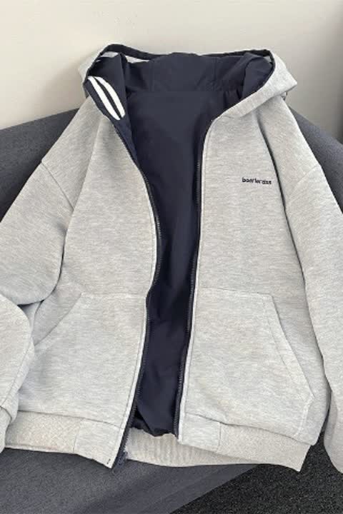 SSQ695-P65运动条纹连帽开衫卫衣外套复古宽松休闲双面穿夹克,男装夹克,星座1608