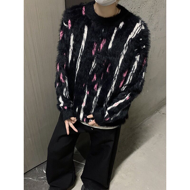 JHY112-P63渐变色条纹圆领毛衣秋冬韩系宽松慵懒风针织潮牌外套,男装针织衫/毛衣,星座1608