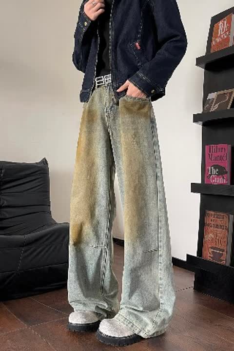 NZHMN6028-P50美式脏染水洗做旧直筒牛仔裤复古宽松阔腿长裤拖地,男装牛仔裤,星座1608