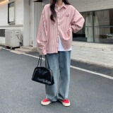 B2024-P43新款清纯日系休闲刺绣条纹宽松长袖衬衫百搭小清新，男装衬衫，星座1608