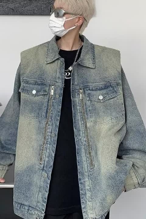 QN88672-P65垫肩牛仔外套潮牌复古水洗拉链设计宽松休闲工装夹克,男装夹克,星座1608