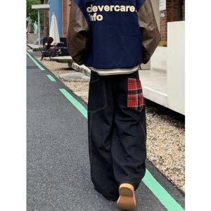GJNZ7693-P53 新款美式青少年弯刀牛仔裤宽松直筒阔腿裤图片