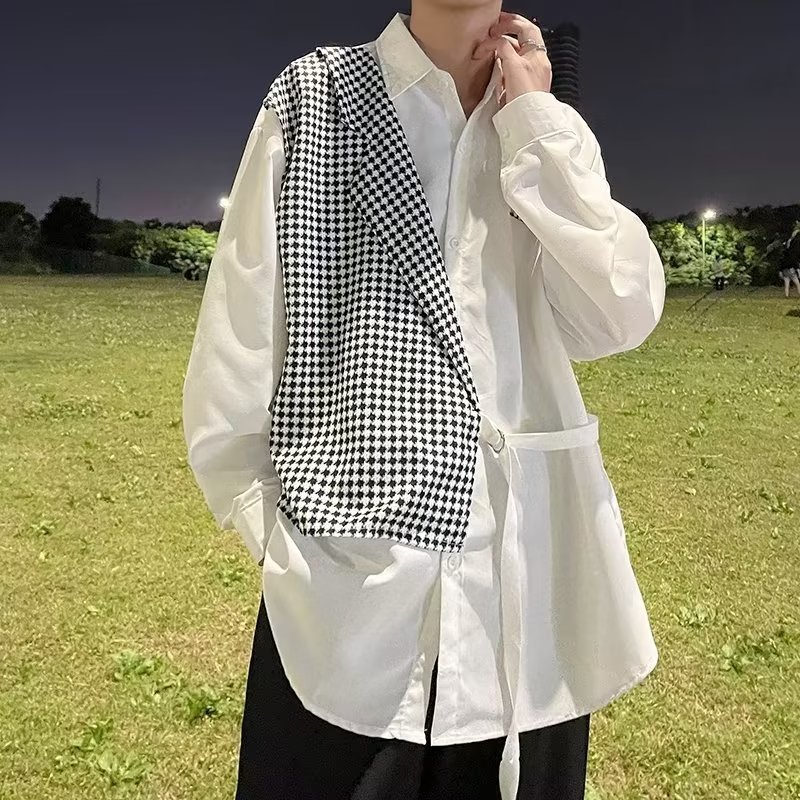 V1803-P40千鸟格拼接假两件长袖衬衫男ins潮流个性百搭休闲衬衣,男装衬衫,星座1608