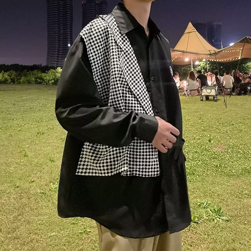 V1803-P40千鸟格拼接假两件长袖衬衫男ins潮流个性百搭休闲衬衣,男装衬衫,星座1608