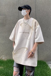 V1965-P33 五分袖圆领潮简约insT恤时尚潮牌麂皮绒短袖城市风貌图片