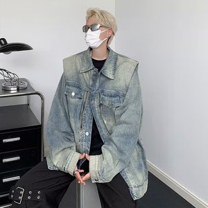 QN88672-P65 垫肩牛仔外套潮牌复古水洗拉链设计宽松休闲工装夹克图片