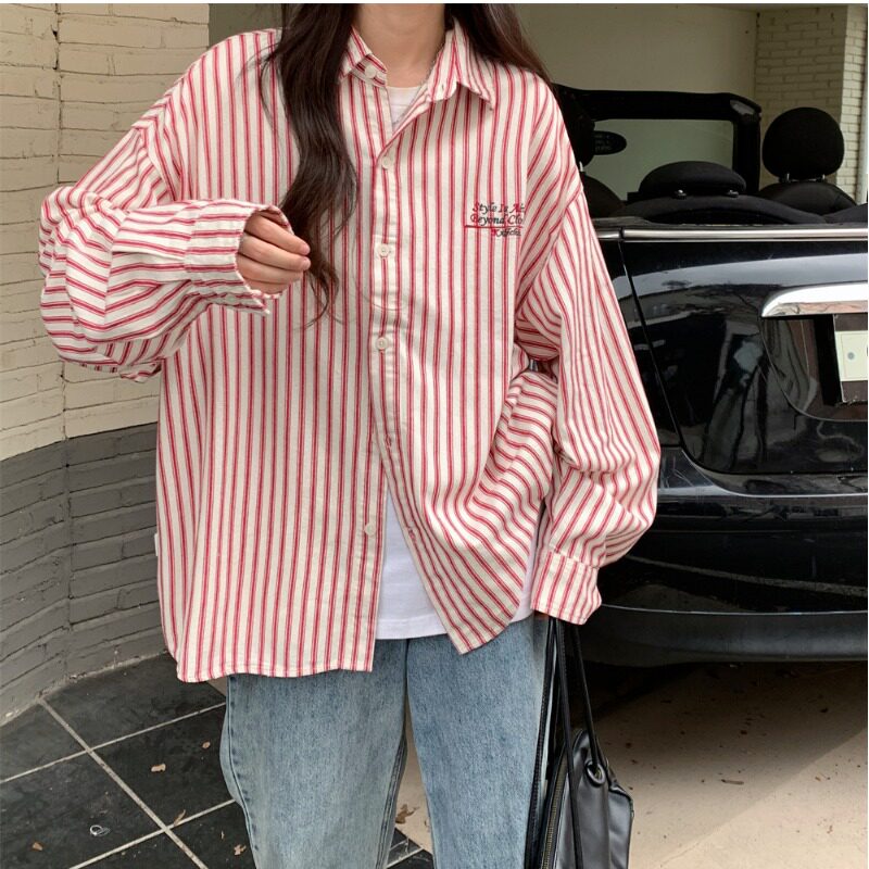 B2024-P43 新款清纯日系休闲刺绣条纹宽松长袖衬衫百搭小清新图片