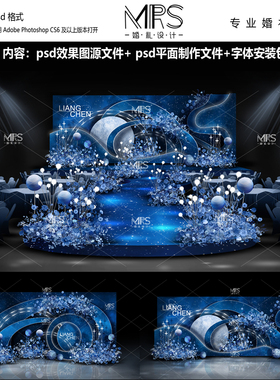 MRS深蓝色星空婚礼设计 HJ141 星空主题婚礼效果图迎宾舞台背景