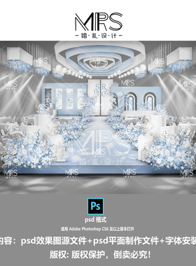 MRS法式蓝白色婚礼效果图1126小预算秀场风婚礼设计迎宾舞台背景