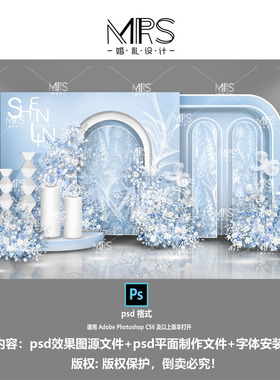 MRS蓝色婚礼效果图1125小预算秀场风婚礼设计迎宾舞台背景