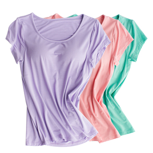 莫代尔带胸垫短袖t恤女纯棉免穿文胸罩杯一体瑜伽运动半袖家居服