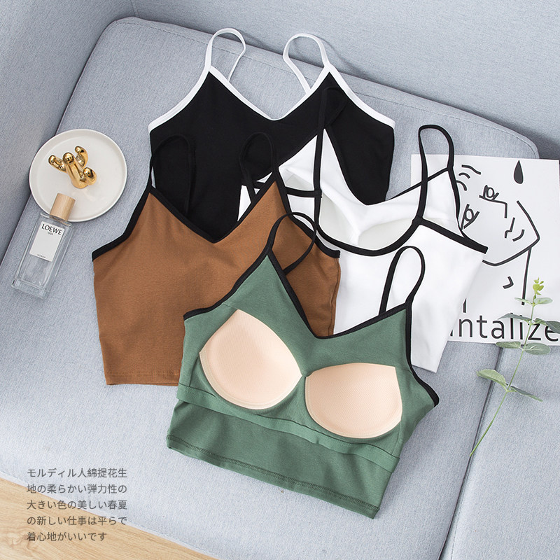 纯色棉V领带胸垫露脐吊带女免穿文胸罩杯一体式性感美背短款抹胸