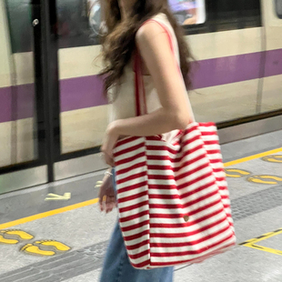 双面条纹帆布包包女小众韩国大容量慵懒风托特包学生休闲购物袋包