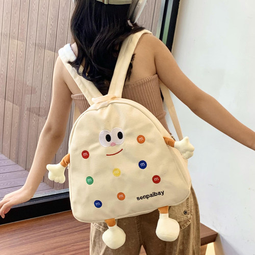 新款可爱M字母卡通刺绣帆布双肩包女校园背包日系软妹学生书包