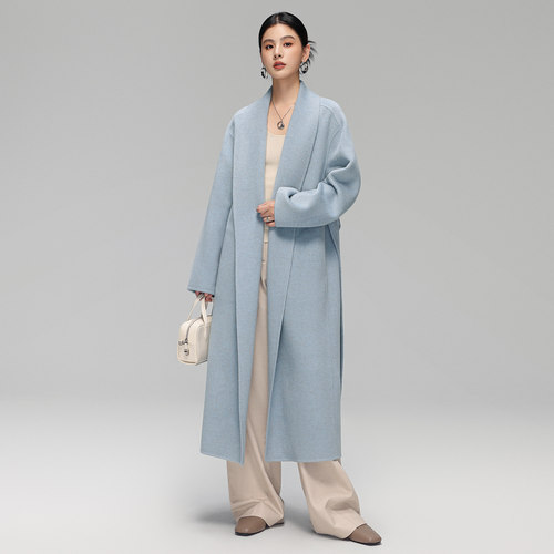 慵懒浴袍式双面羊绒羊毛大衣长款