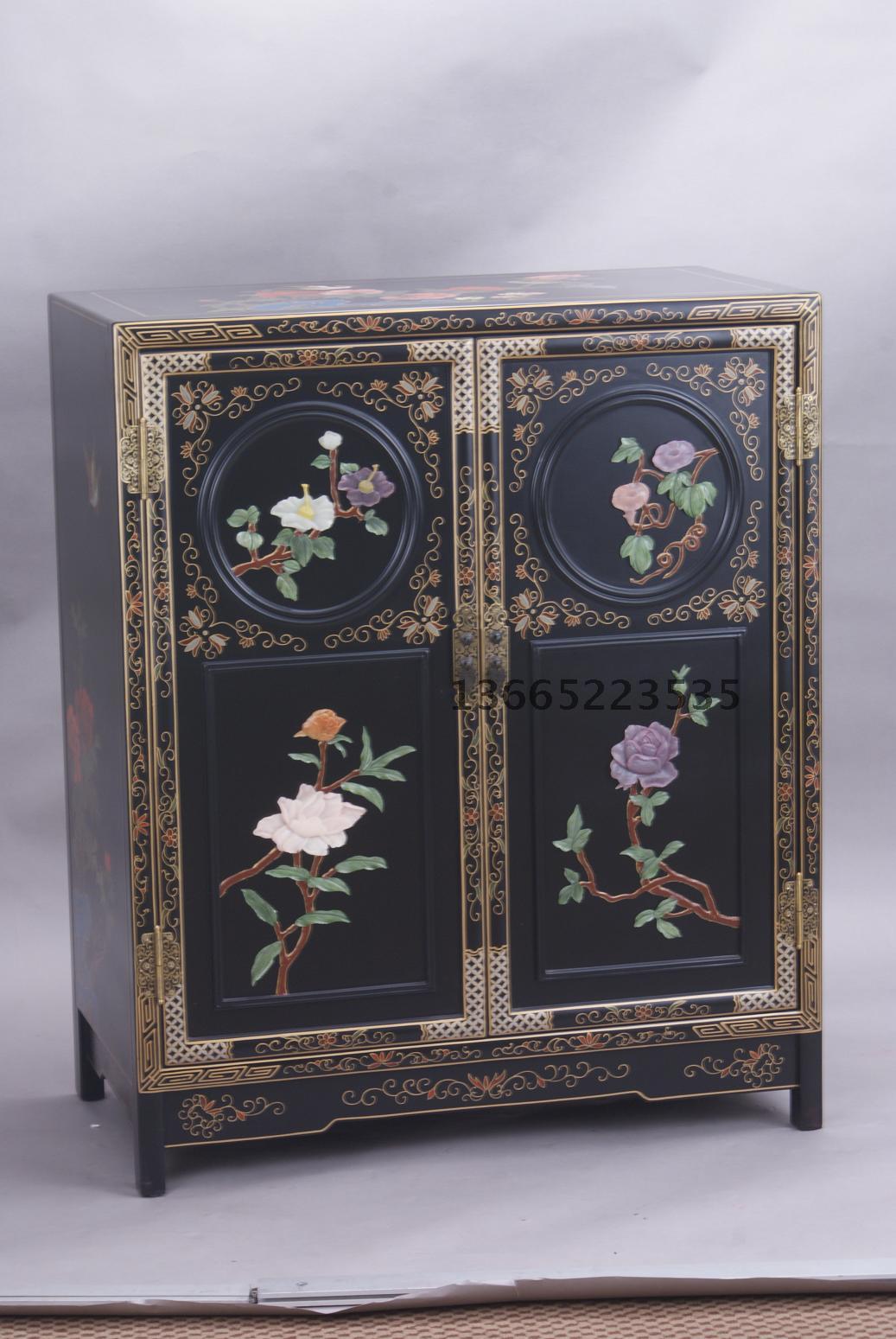 扬州漆器  *家具* 骨石镶嵌花鸟圆边柜 包邮双层隔板 可放鞋子