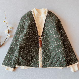 中式复古盘扣短款棉服女冬装中国风加厚夹棉茶服碎花棉衣棉袄外套